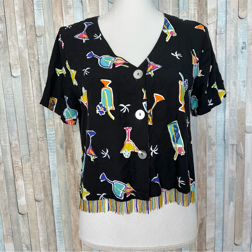 Vintage M 90s Bright Cocktail Print Beaded Button Down Crop Top Blouse Vacation